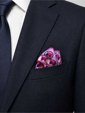 Piattelli 100% Silk Handmade Geometric 13” Pocket Square Pink Periwinkle Grey